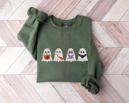 Embroidered Cute Ghost Sweatshirt, Embroidered Halloween Shirt