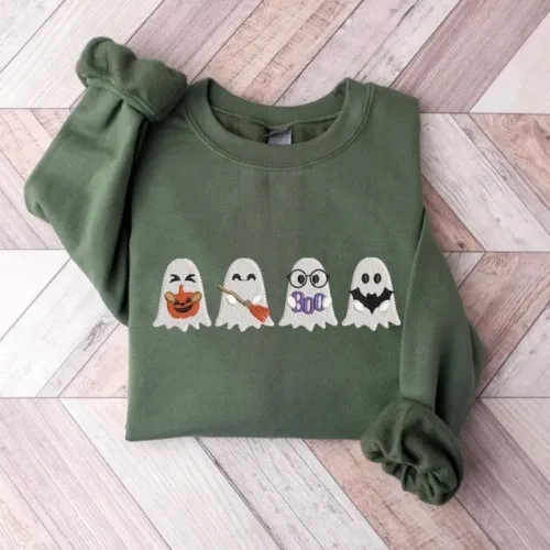 Embroidered Cute Ghost Sweatshirt, Embroidered Halloween Shirt