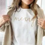 Embroidered Merry Crew Neck Sweatshirt, Christmas Embroidered Sweatshirt