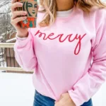 Embroidered Merry Crew Neck Sweatshirt, Christmas Embroidered Sweatshirt - Image 5